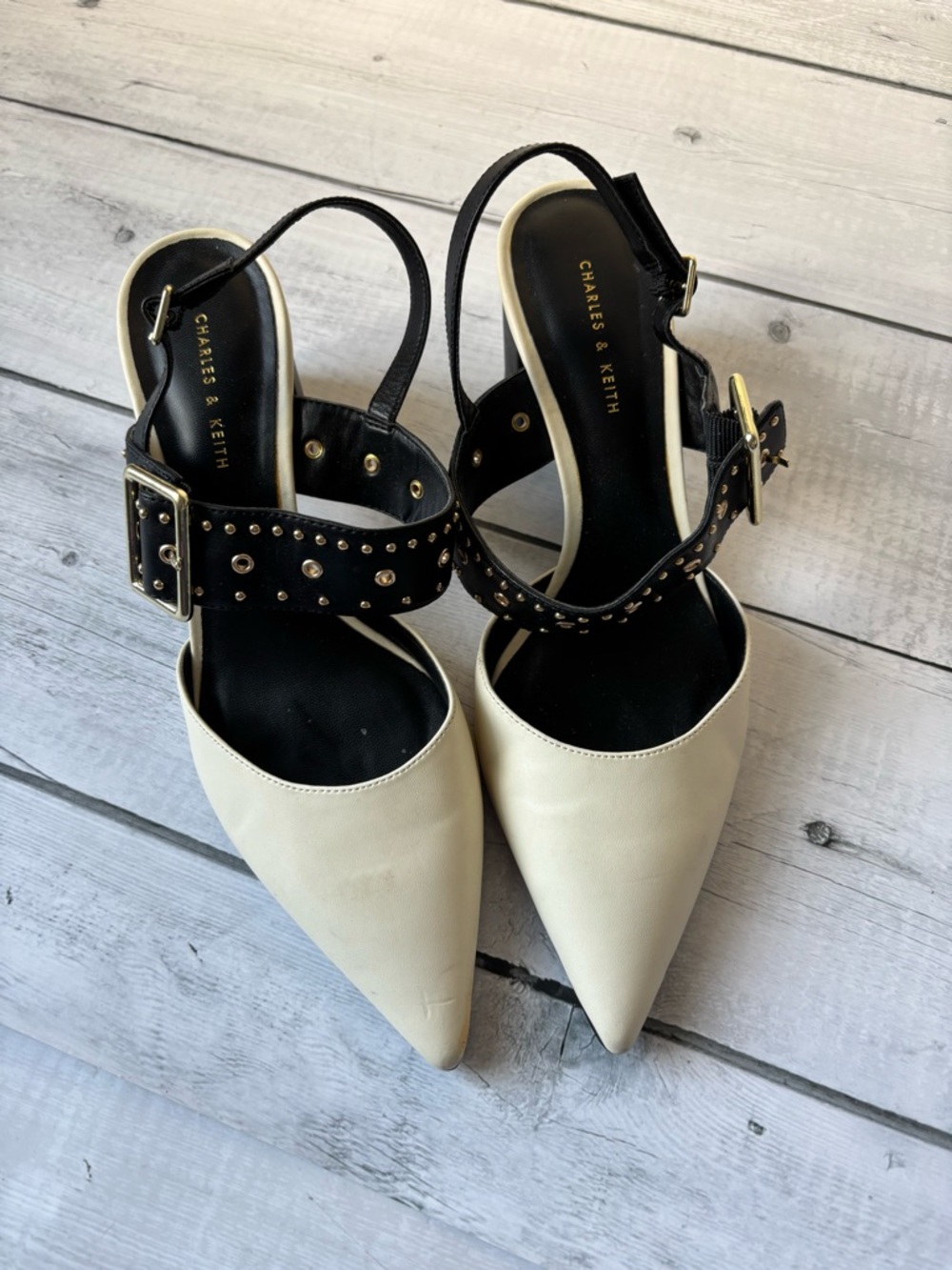 Charles & Keith Cream Pointed Toe Slingbacks with Black Studded Straps